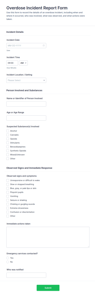 Overdose Incident Report Form Template