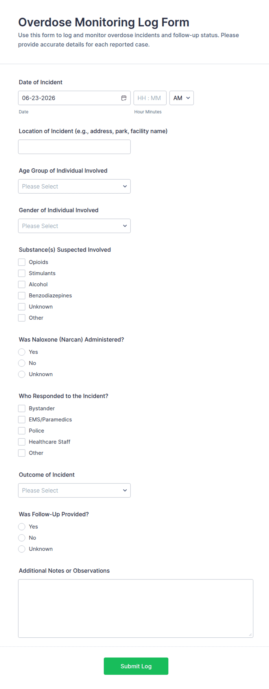 Overdose Monitoring Log Form Template | Jotform