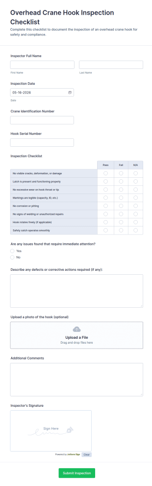 Overhead Crane Hook Inspection Checklist Form Template