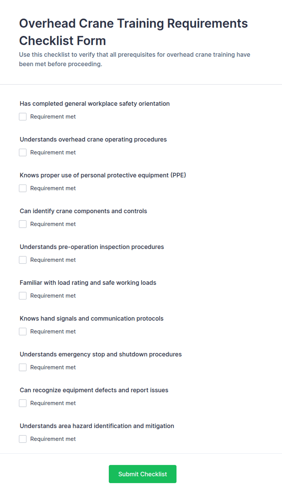 Overhead Crane Label Worksheet.pdf Overhead Crane Training Requirements Checklist Form Template | Jotform