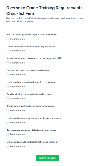 Overhead Crane Training Requirements Checklist Form Template