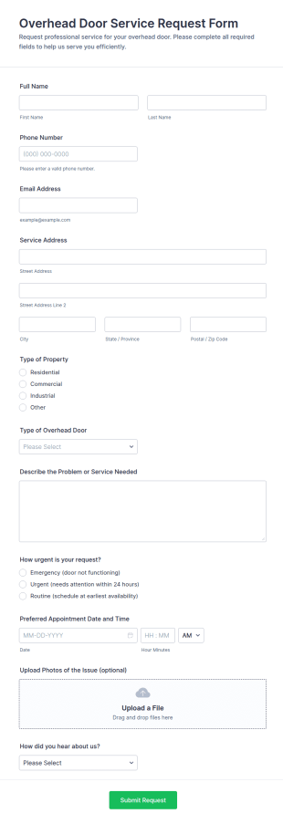 Overhead Door Service Request Form Template