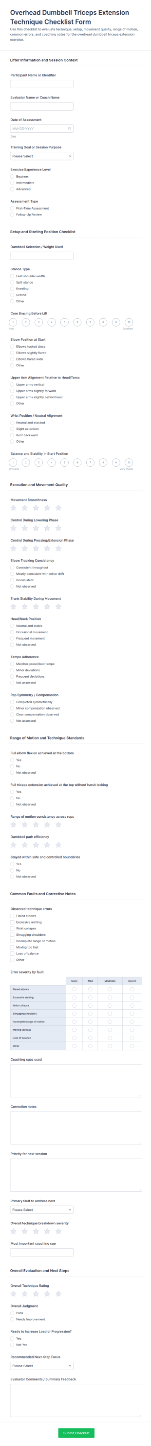 Overhead Dumbbell Triceps Extension Technique Checklist Form Template