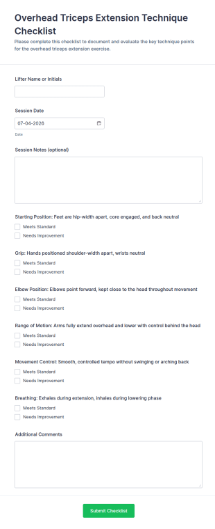 Overhead Triceps Extension Technique Checklist Form Template