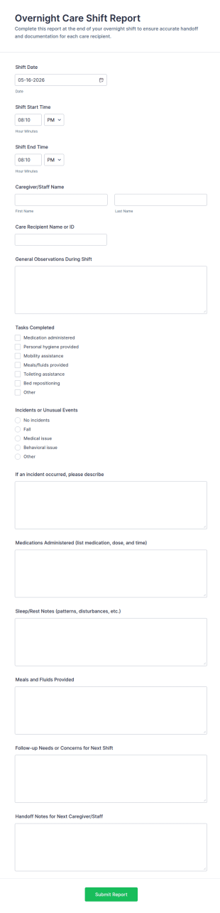 Overnight Care Shift Report Form Template