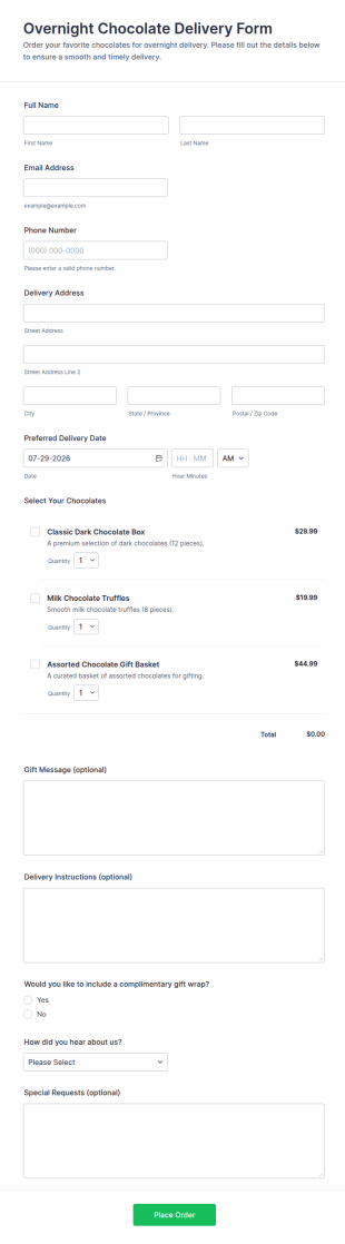 Overnight Chocolate Delivery Form Template
