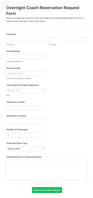 Overnight Coach Reservation Request Form Template