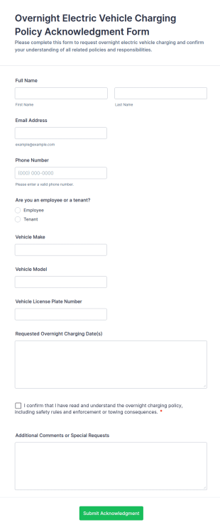 Overnight Electric Vehicle Charging Policy Acknowledgment Form Template