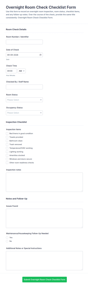 Overnight Room Check Checklist Form Template