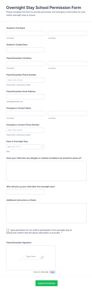 Overnight Stay School Permission Form Template
