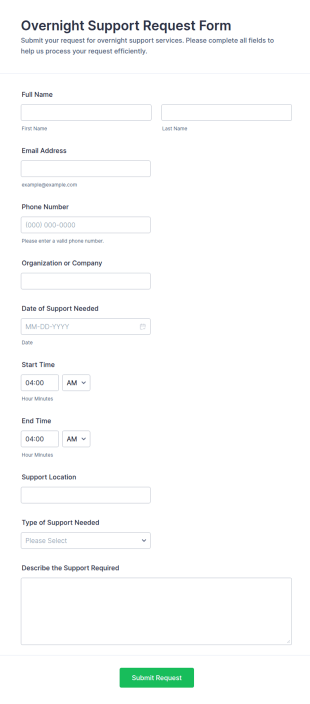 Overnight Support Request Form Template