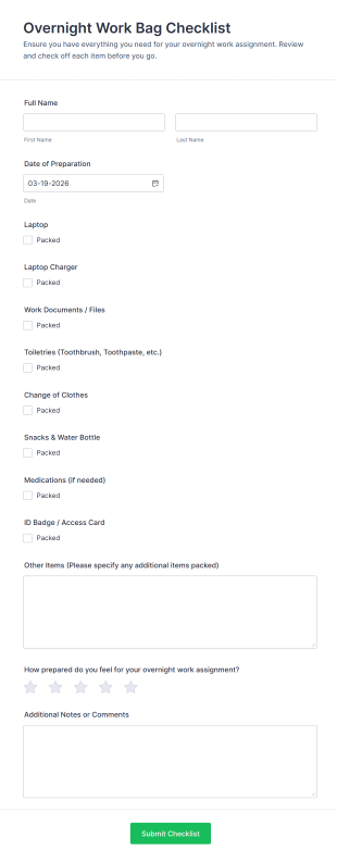 Overnight Work Bag Checklist Form Template