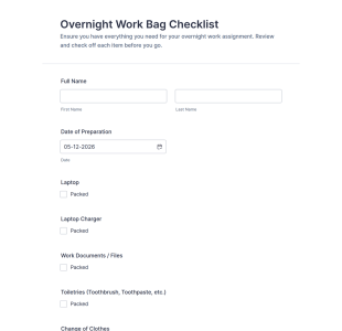 Overnight Work Bag Checklist Form Template
