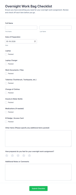 Overnight Work Bag Checklist Form Template