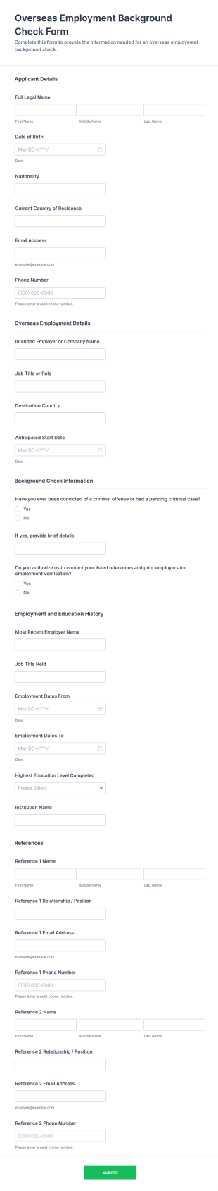 Overseas Employment Background Check Form Template
