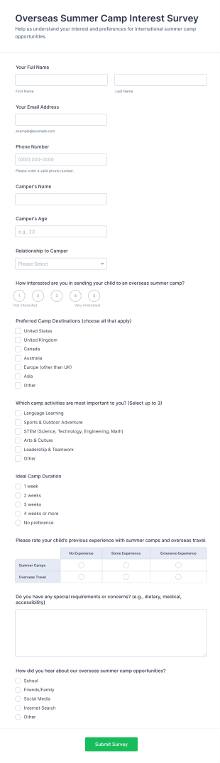 Overseas Summer Camp Interest Survey Form Template