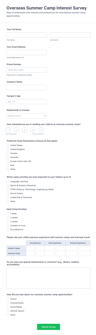 Overseas Summer Camp Interest Survey Form Template