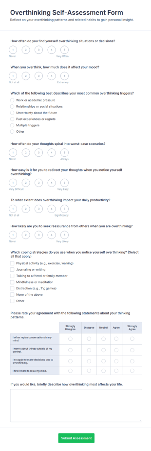 Overthinking Self Assessment Form Template