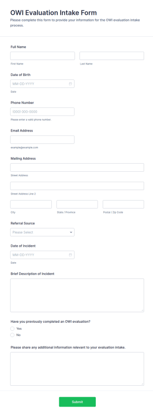 OWI Evaluation Intake Form Template
