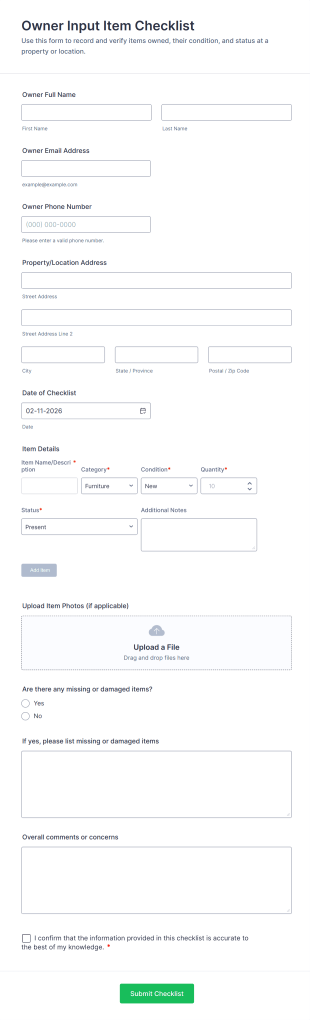 Owner Input Item Checklist Form Template
