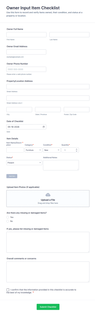 Owner Input Item Checklist Form Template