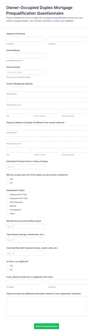 Owner Occupied Duplex Mortgage Prequalification Questionnaire Form Template