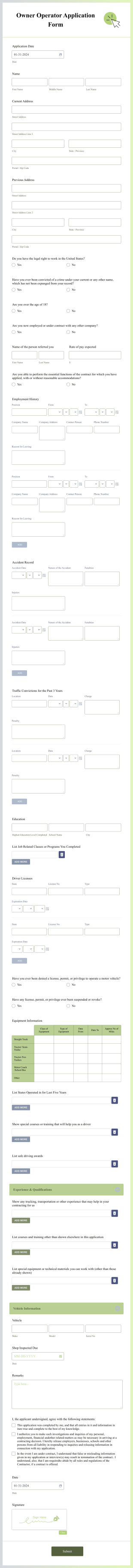 Owner Operator Application Form Template