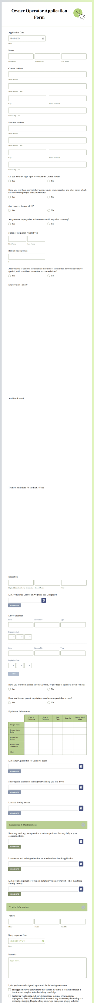 Owner Operator Application Form Template