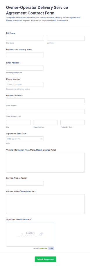 Owner Operator Delivery Service Agreement Form Template