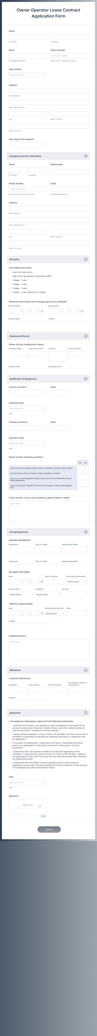 Owner Operator Lease Contract Application Form Template
