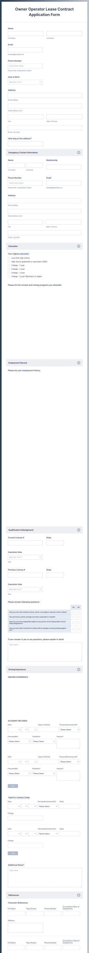 Owner Operator Lease Contract Application Form Template