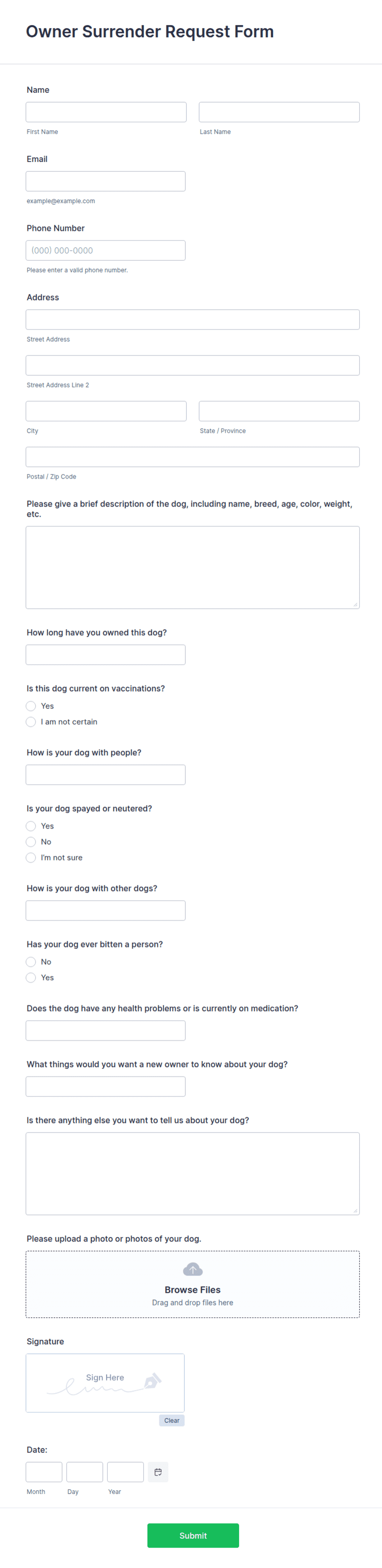 Owner Surrender Request Form Template | Jotform