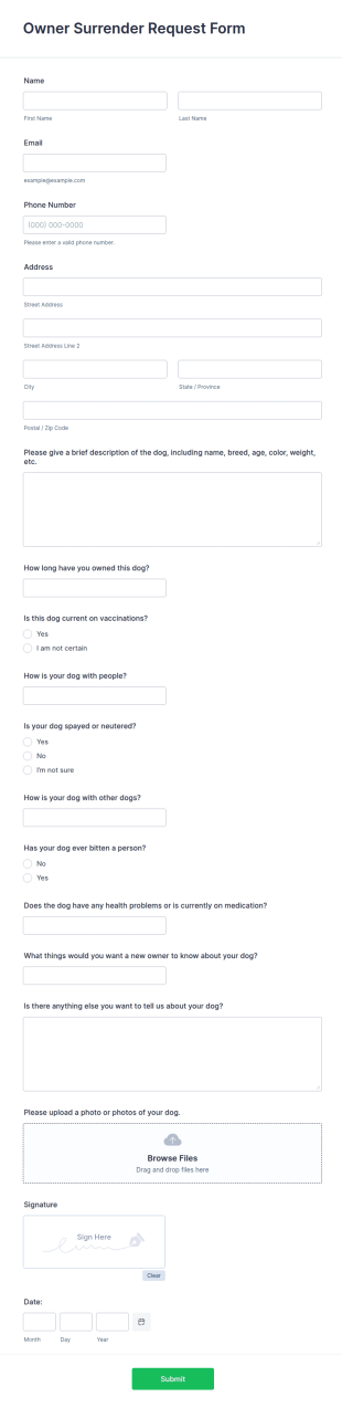 Owner Surrender Request Form Template