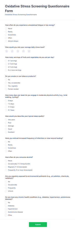 Oxidative Stress Screening Questionnaire Form Template