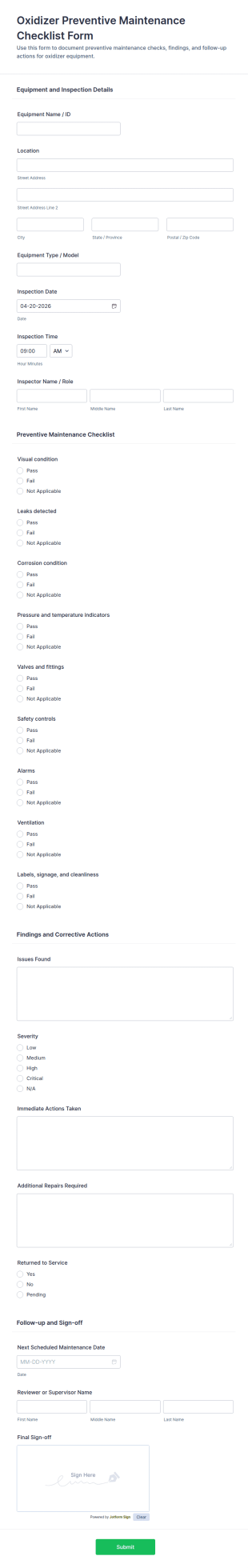 Oxidizer Preventive Maintenance Checklist Form Template