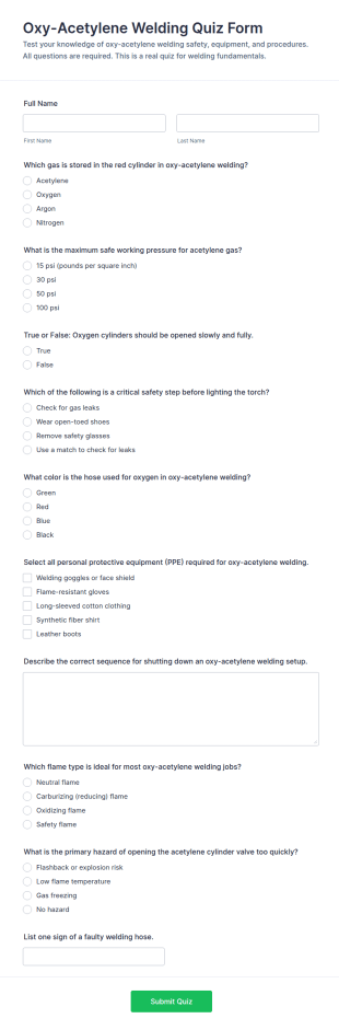 Oxy Acetylene Welding Quiz Form Template