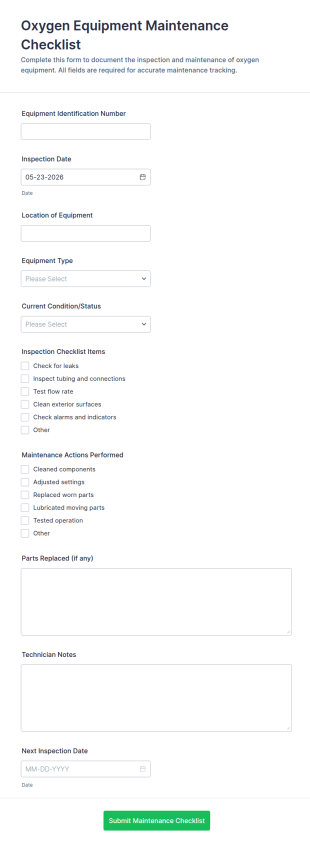 Oxygen Equipment Maintenance Checklist Form Template