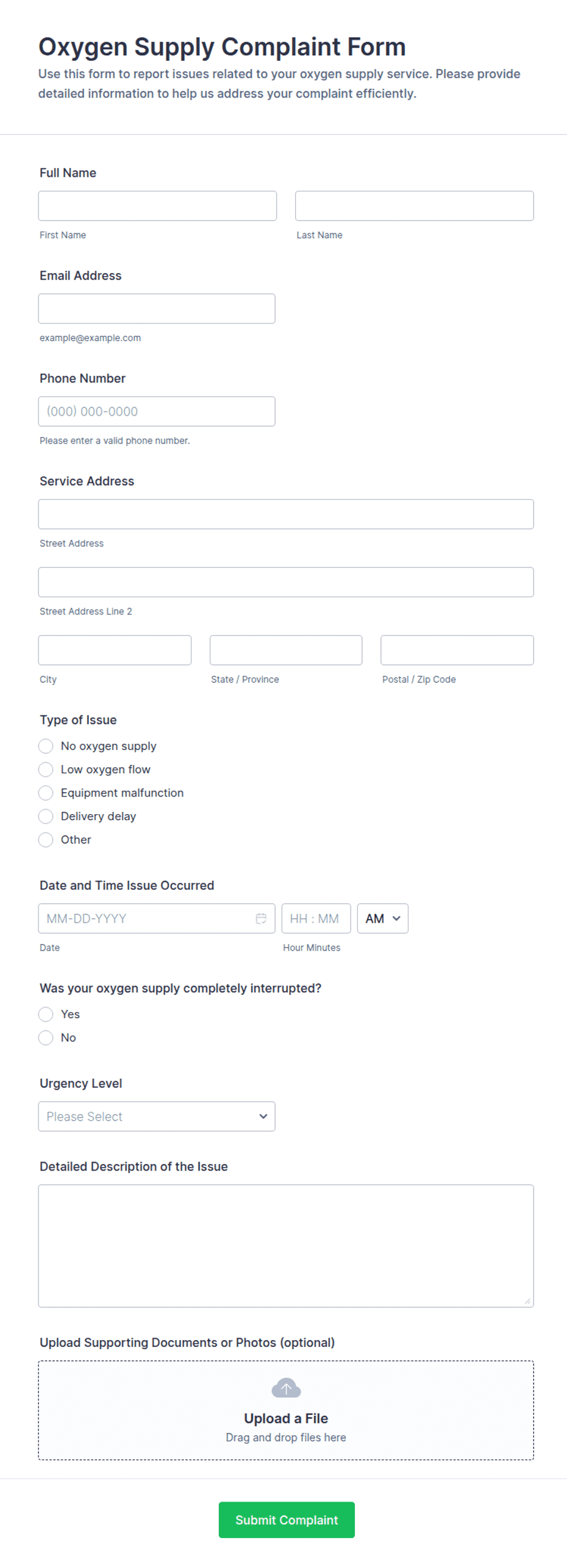 Oxygen Supply Complaint Form Template | Jotform