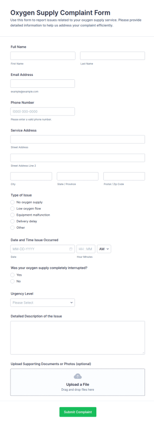 Oxygen Supply Complaint Form Template