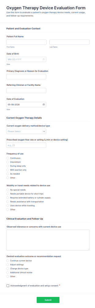 Oxygen Therapy Device Evaluation Form Template