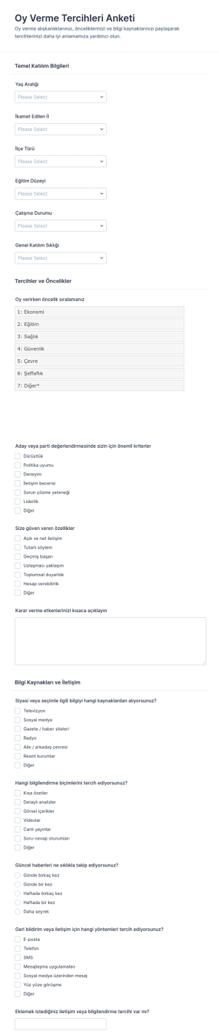 Oy Tercihleri Anketi Form Şablonu