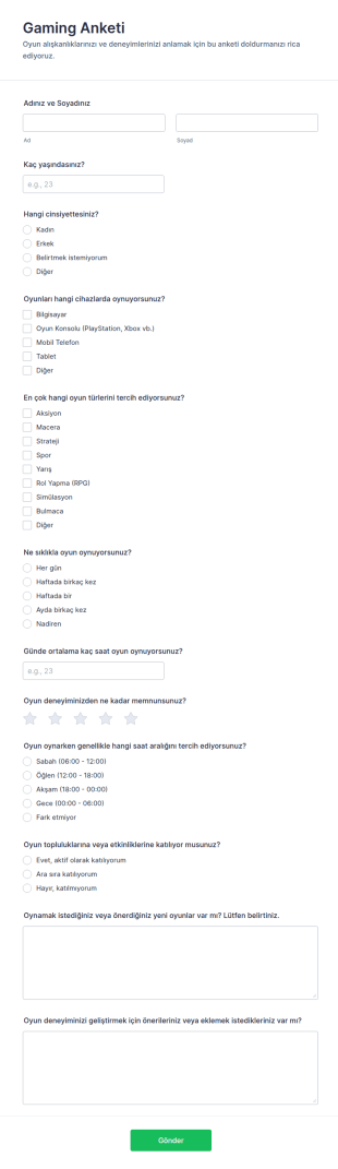Oyun Anketi Form Şablonu