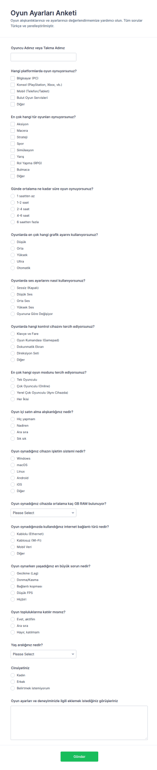 Oyun Ayarları Anketi Form Şablonu