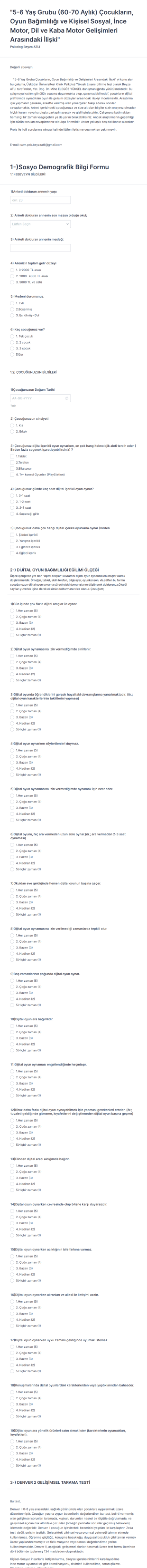 Oyun Bağımlılığı Anketi Form Şablonu