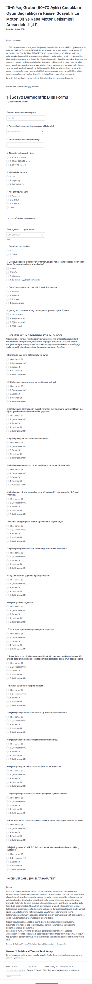 Oyun Bağımlılığı Anketi Form Şablonu