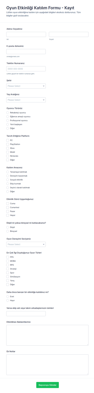Oyun Etkinliği Katılım Form Şablonu