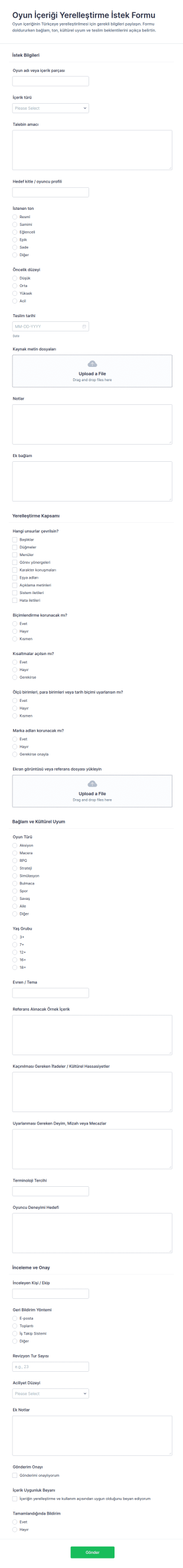 Oyun İçeriği Yerelleştirme Talep Form Şablonu