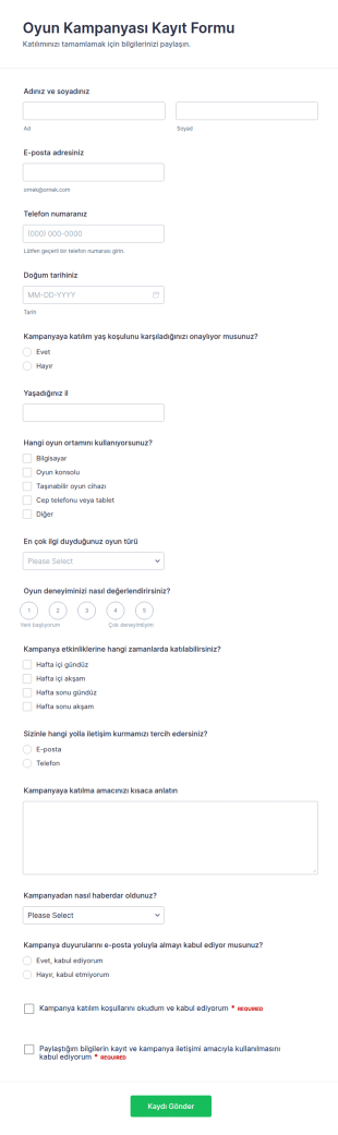 Oyun Kampanyası Katılım Form Şablonu