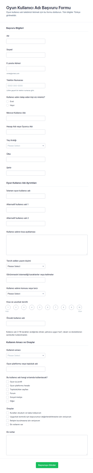 Oyun Kullanıcı Adı Gönderim Form Şablonu