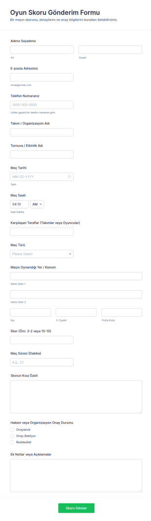Oyun Puanı Teslim Form Şablonu